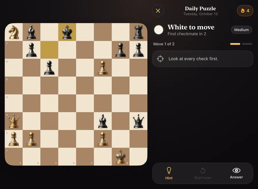 Plain Chess on iPhone Duo: the daily puzzle board on one page and the puzzle controls on the other.