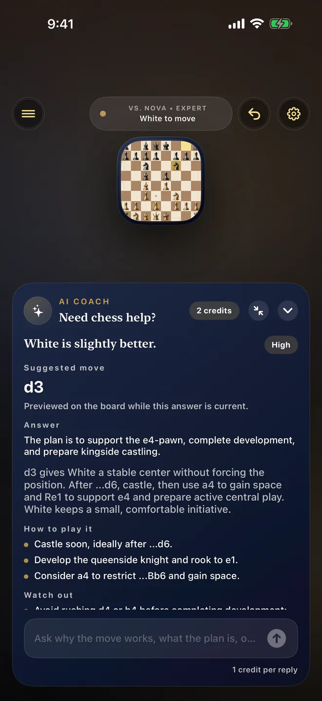 AI Coach answering over a game against Nova: White is slightly better, suggested move d3, with the plan, how to play it and what to watch out for.