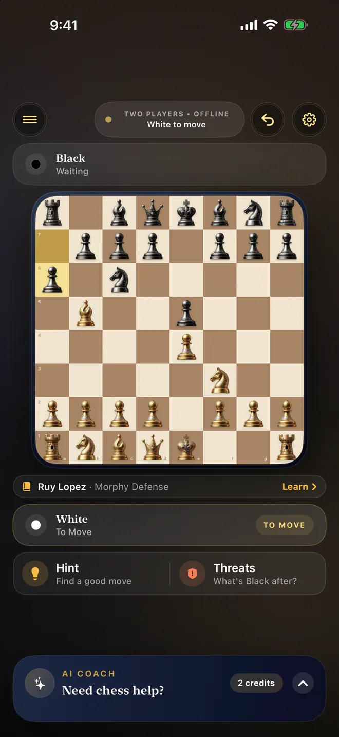 A two-player game on one phone: Ruy Lopez, White to move, with Hint and Threats.
