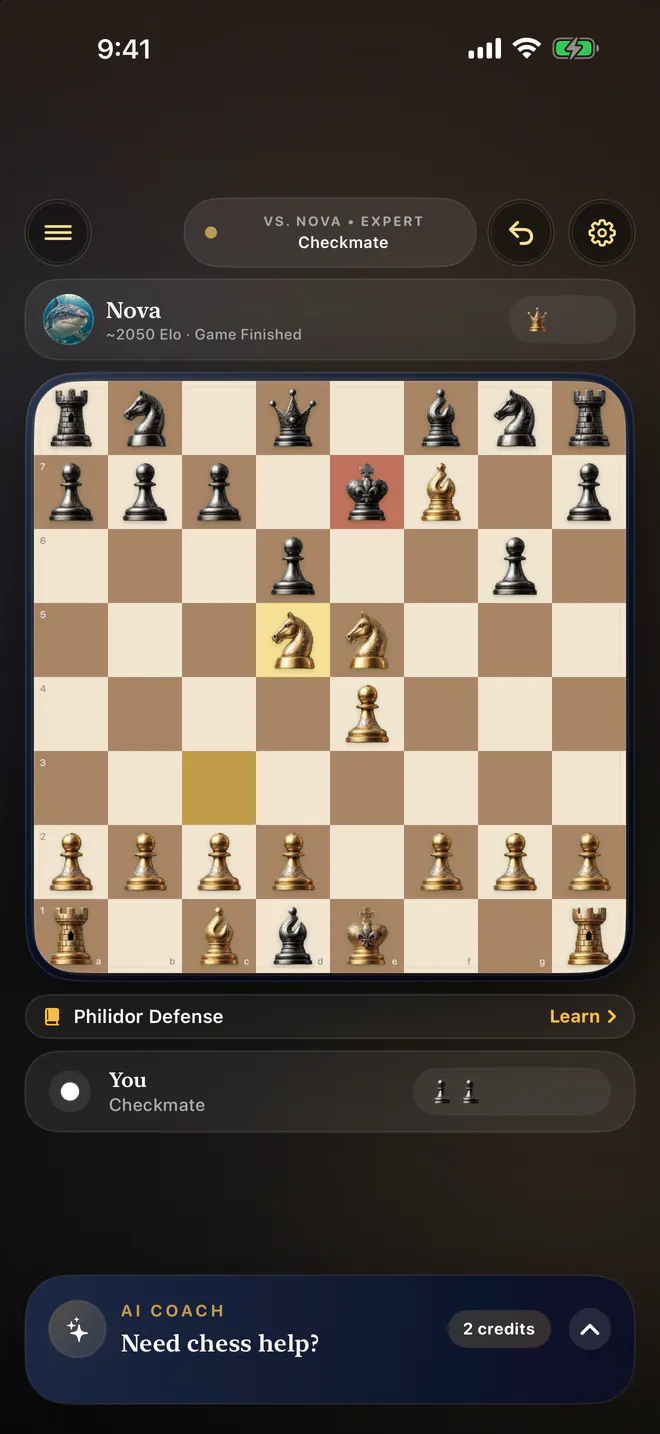 The final position of a won game against Nova, with the black king checkmated.