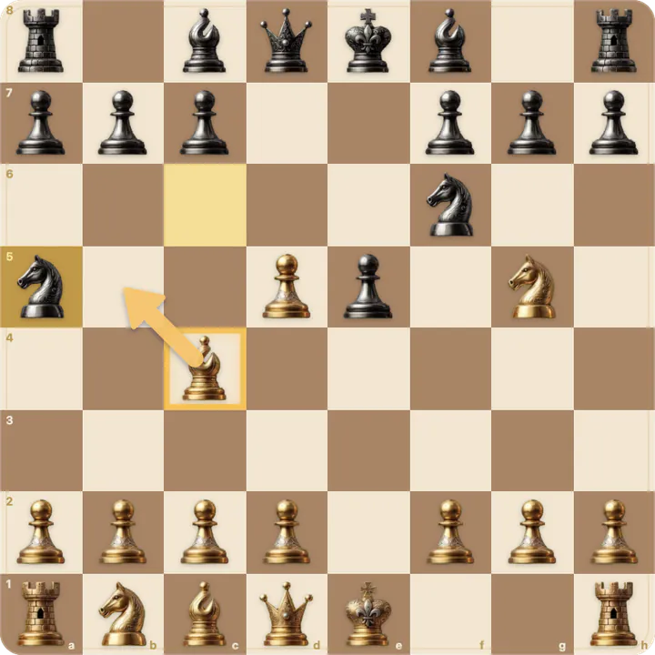 A gold hint arrow shows Bb5+, which saves the bishop with check.
