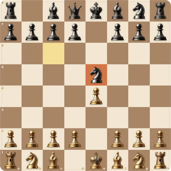 After 3. Qxe5+ Nxe5 the white queen is gone; the knight on e5 is marked red.