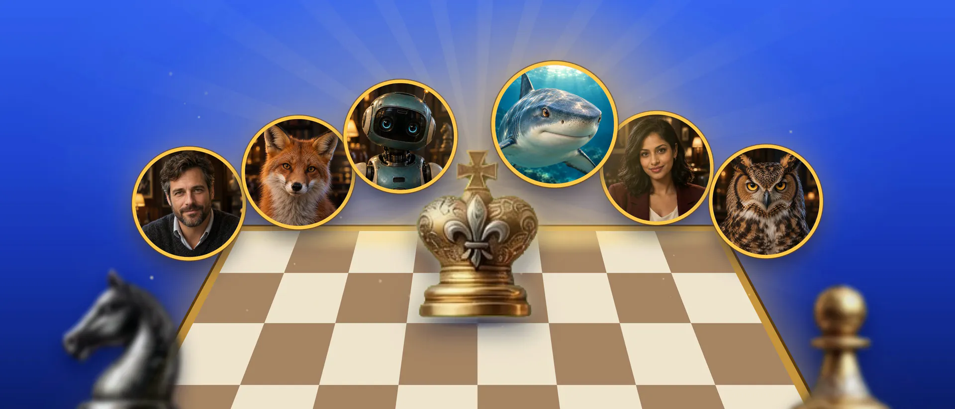 The gold king on a chessboard in front of the six rival portraits.